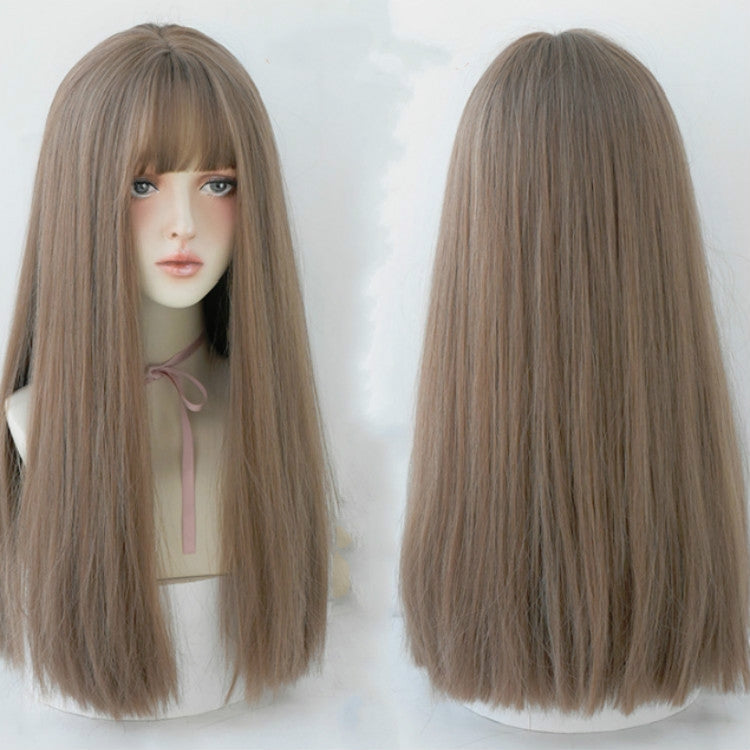 Long straight wig with bangs, light brown hair on a mannequin head