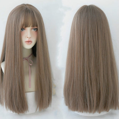 Long straight wig with bangs, light brown hair on a mannequin head