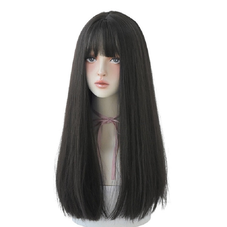 Long straight wig with bangs, black hair on a mannequin head