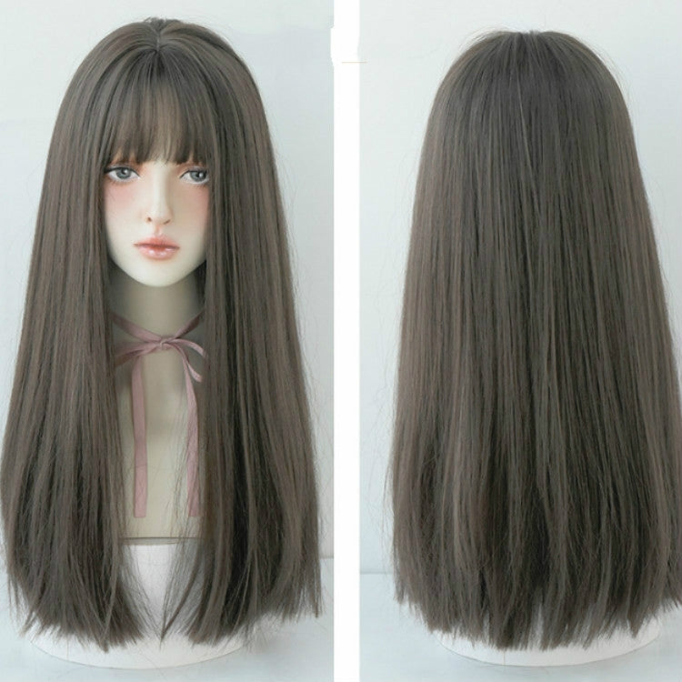 Long straight wig with bangs shown front and back, dark brown hair