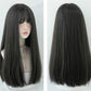 Long straight wig with bangs shown front and back, black hair