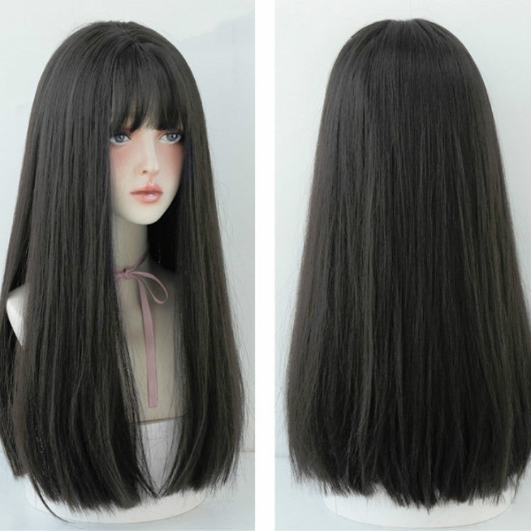 Long straight wig with bangs shown front and back, black hair