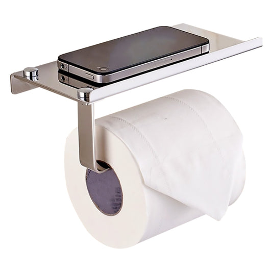 Stainless steel toilet paper holder with glossy shelf and phone storage, with paper roll
