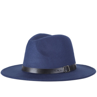 Blue fedora hat with black buckle band and wide brim, wool-blend jazz style.