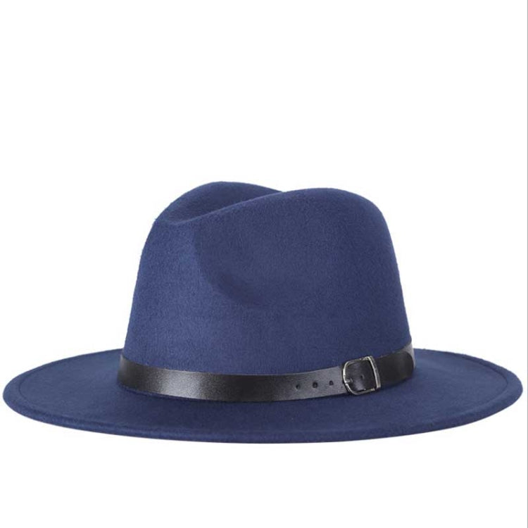 Blue fedora hat with black buckle band and wide brim, wool-blend jazz style.