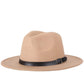Camel beige fedora hat with black buckle band and wide brim, wool-blend jazz style.
