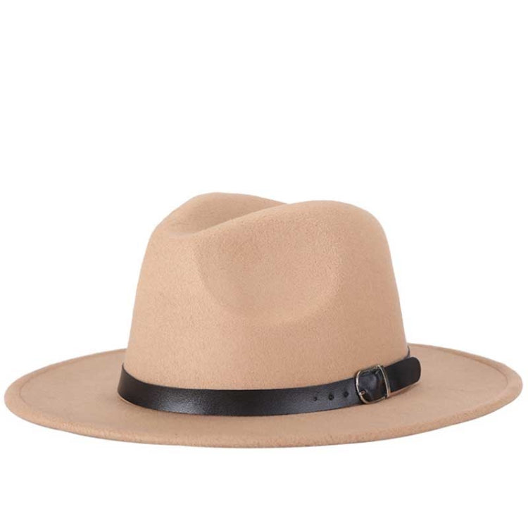 Camel beige fedora hat with black buckle band and wide brim, wool-blend jazz style.