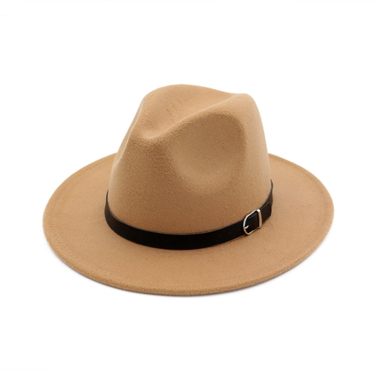 Camel beige fedora hat with black buckle band and wide brim, wool-blend jazz style.