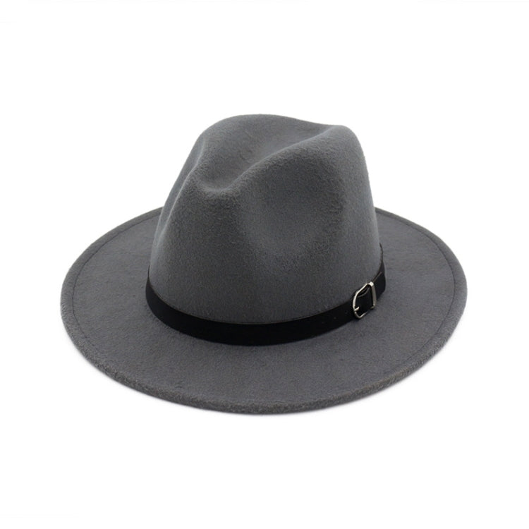 Gray fedora hat with black buckle band and wide brim, wool-blend jazz style.