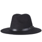 Black fedora hat with black buckle band and wide brim, wool-blend jazz style.