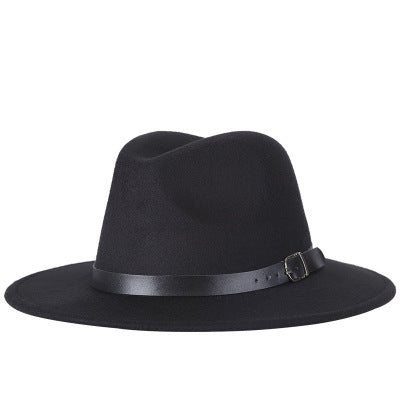 Black fedora hat with black buckle band and wide brim, wool-blend jazz style.