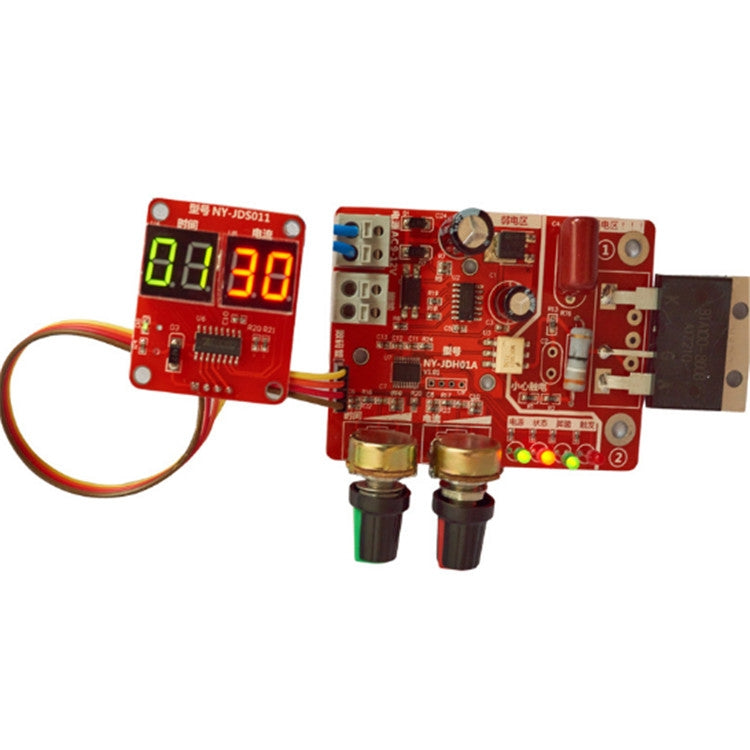 Spot welding machine control board with green digital readout, red PCB, gold potentiometers, black connectors.