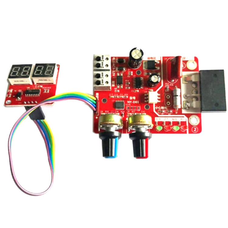 Spot welding machine control board with two modules, digital display, red PCB, rainbow cable, dual black sockets.