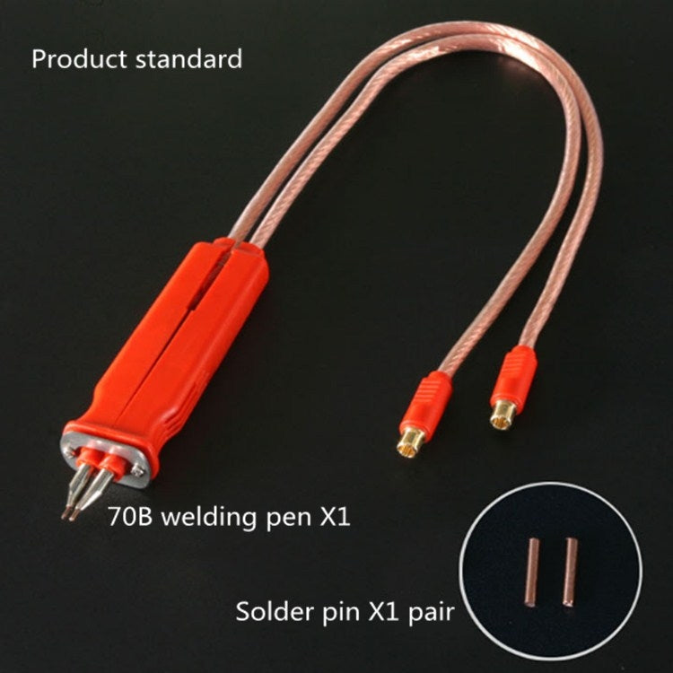 Lithium spot welding pen with red handle and twin copper wire outputs
