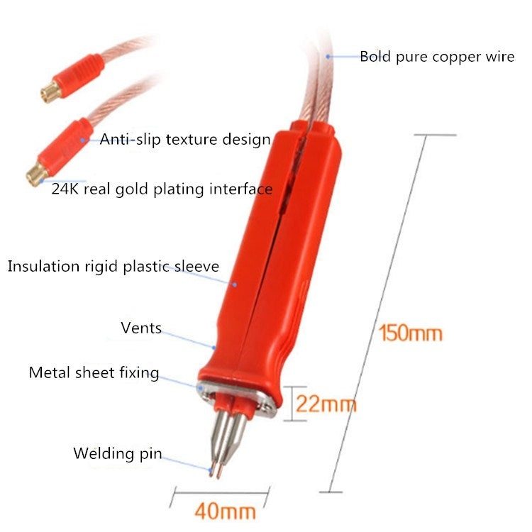 Red spot welding pen with insulated sleeve, vents, and front welding pins