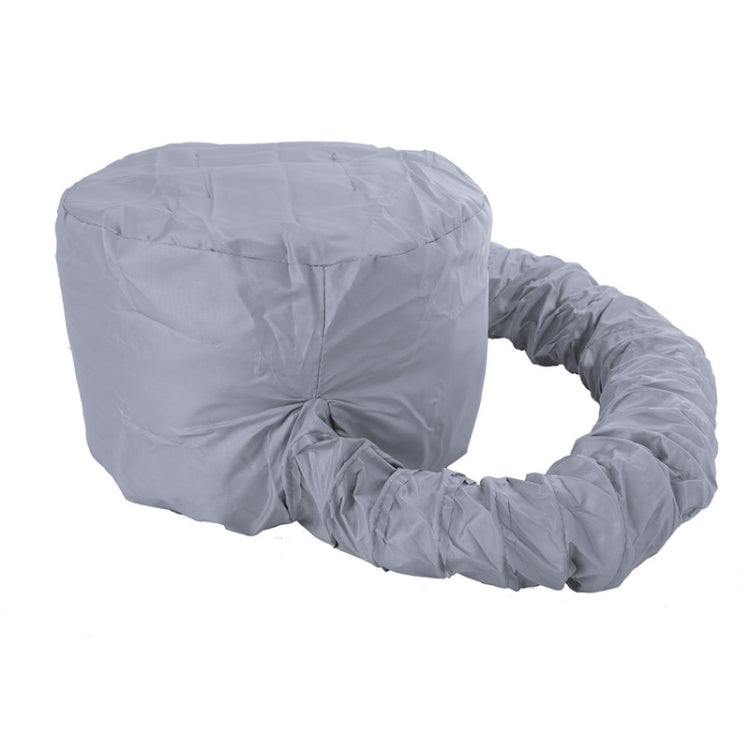Light grey warm-air hair drying cap with curved diffuser tube and cuffed opening