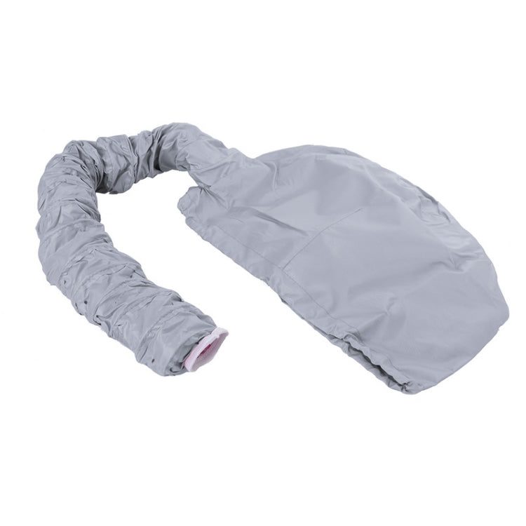 Grey warm-air hair drying cap with curved diffuser hose and cuffed end opening