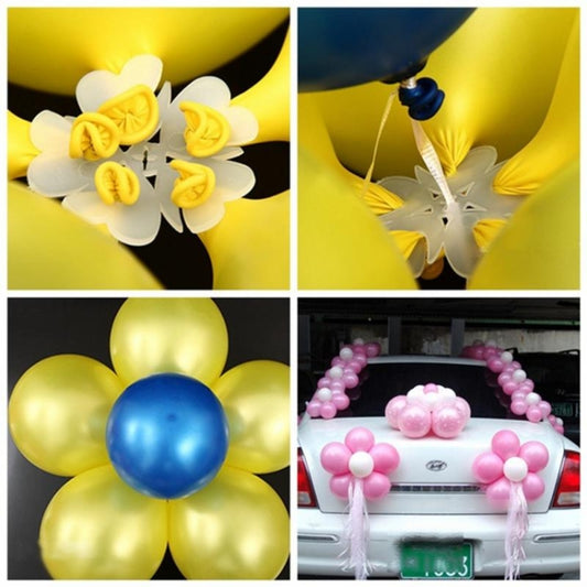 Balloon flower decoration with plastic clips, yellow and blue balloons