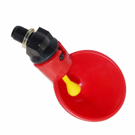 Automatic quail waterer bowl with yellow nipple and black valve with threaded fitting
