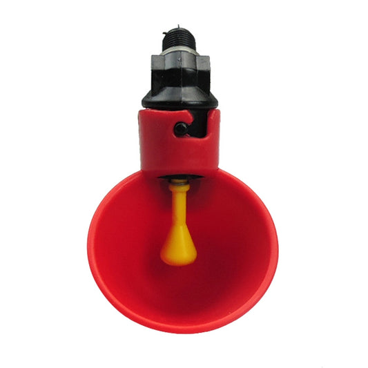 Automatic quail waterer bowl with yellow nipple, red base and black valve