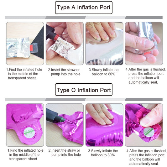 Foil number balloon inflation port instructions with illustrated steps