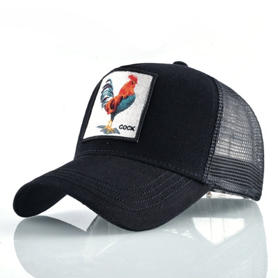 Cotton animal baseball cap with rooster patch, black front and brim, gray mesh back