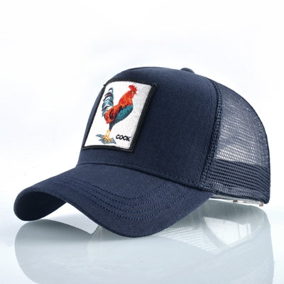 Cotton animal baseball cap with rooster patch, navy front and brim, dark gray mesh back