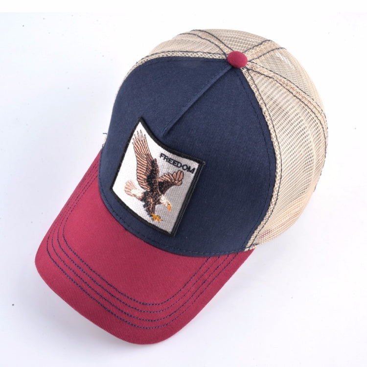 Navy front and beige mesh baseball cap with embroidered eagle patch and red brim