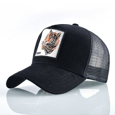 Cotton animal baseball cap with tiger patch, black front and brim, gray mesh back
