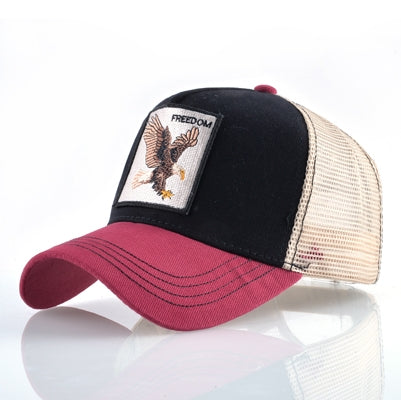 Cotton animal baseball cap with eagle patch, black front and maroon brim, beige mesh back