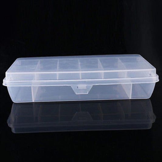 Clear fishing bait box with snap-closure lid and internal compartment grid