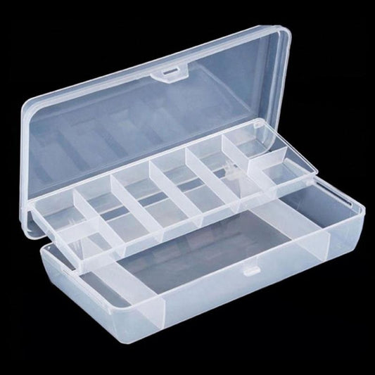Clear fishing bait box with divided compartments and hinged lid