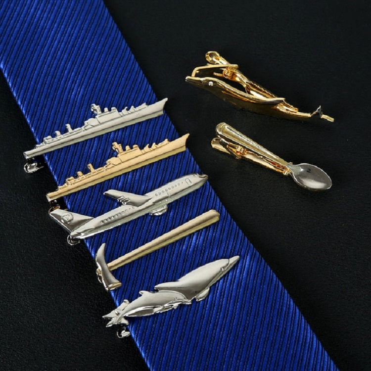 Gold and silver warship tie clips with blue striped necktie shown