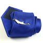 Blue striped tie with angled silver dolphin tie clip, men’s formal accessory