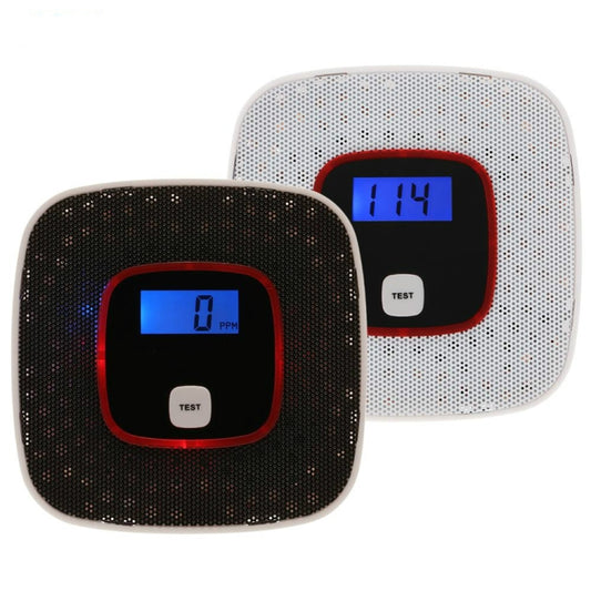Black and white carbon monoxide detectors with red rings, blue LCD screens, TEST buttons