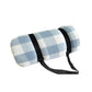 Light blue and white checkered beach mat roll with black carrying strap