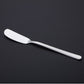 Butter knife with silver finish, long handle and curved, rounded spreader edge.