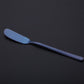 Blue butter knife with a smooth rounded spreader blade and long handle.