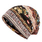 Printed cotton hat wrap with multicolor stripes and floral motifs on brown base