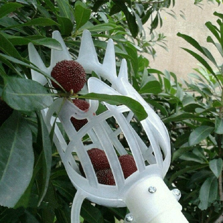 White plastic fruit picking cage tool with long handle, 20 cm