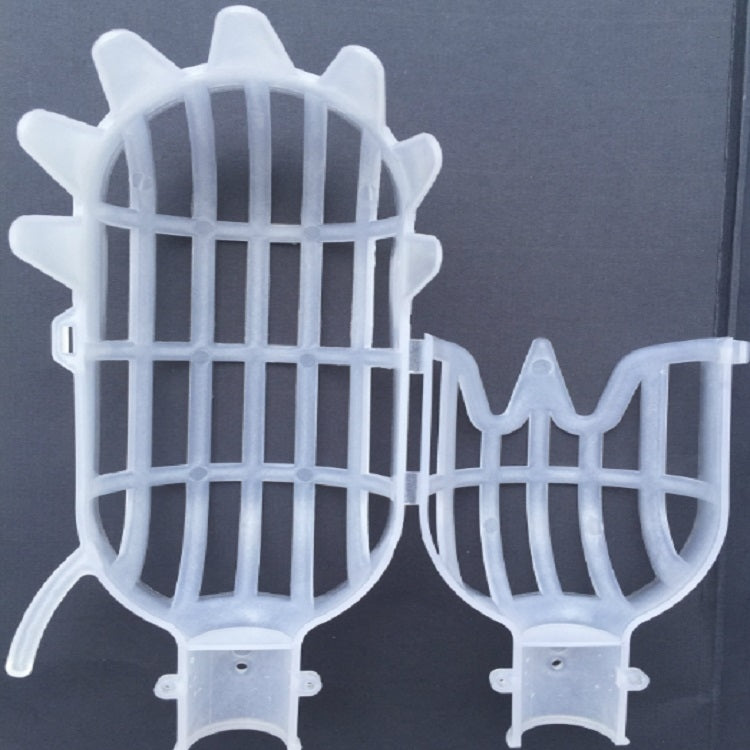White plastic fruit picker cage with grid sides and two grip holders