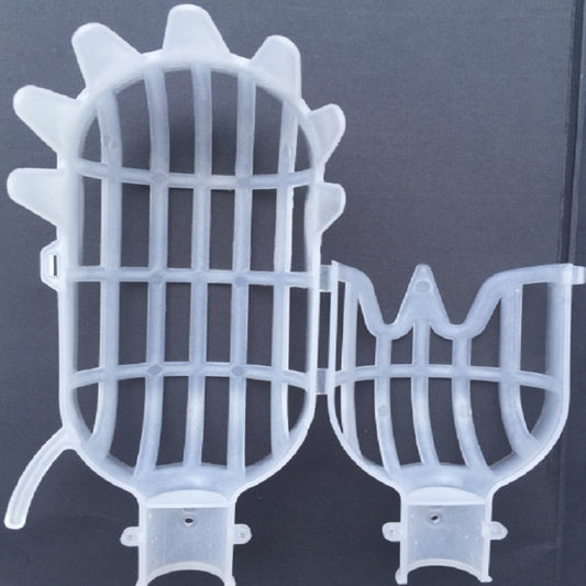 White plastic fruit picker cage with grid sides and two grip holders