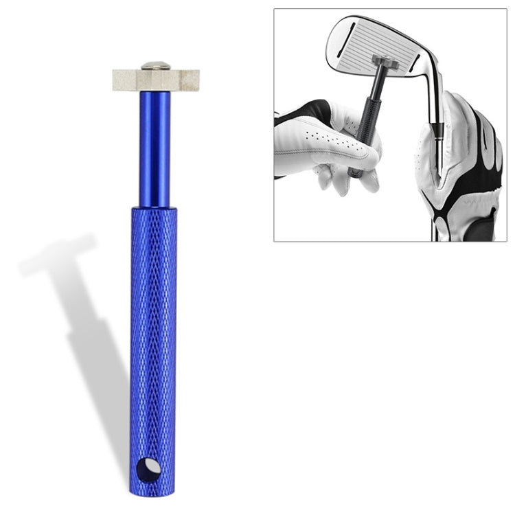 Blue golf wedge head sharpening tool with cross metal head and textured grip