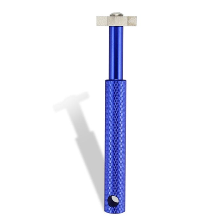 Blue golf wedge head sharpening tool with cross metal head and lanyard hole