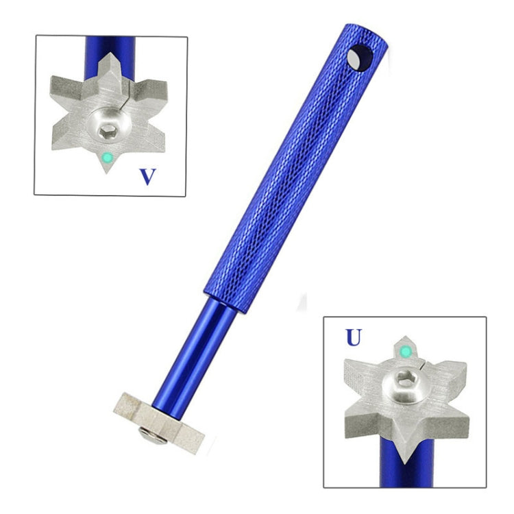 Blue golf wedge head sharpening tool with star-shaped metal sharpening head detail