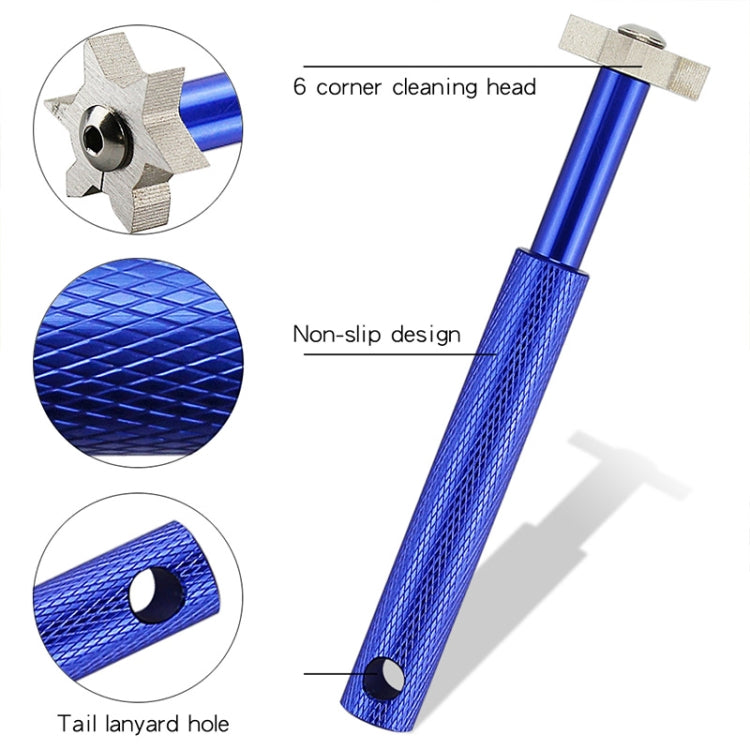 Blue golf wedge head sharpening tool with non-slip textured grip and six-corner head