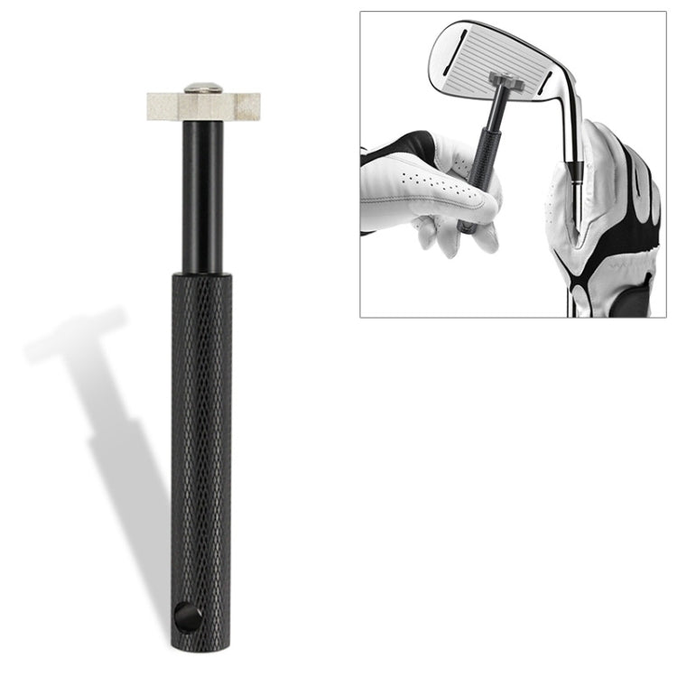 Black golf wedge head sharpening tool with cross metal head and textured grip