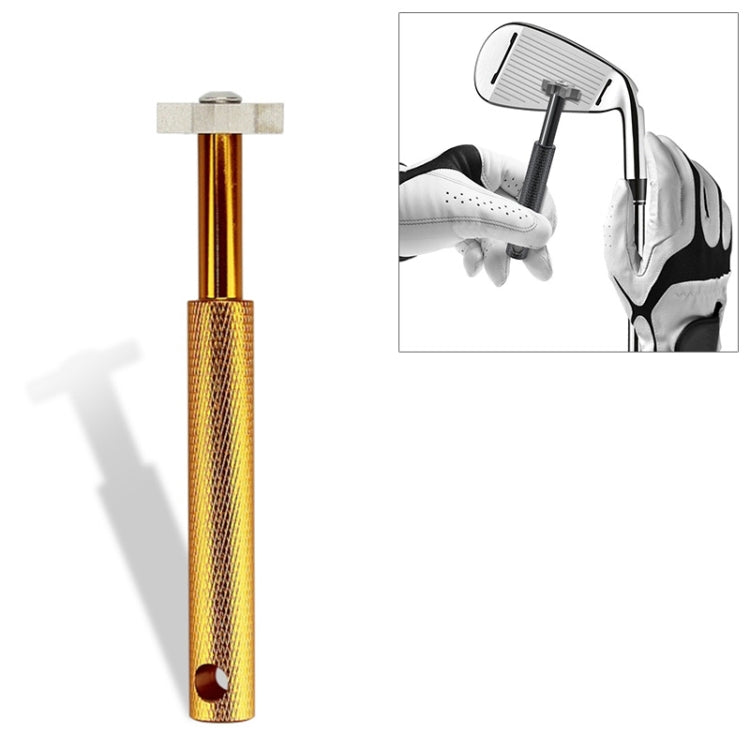 Gold golf wedge head sharpening tool with cross metal head and textured grip