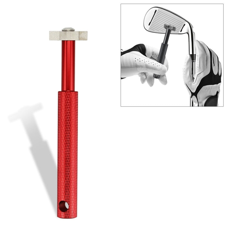 Red golf wedge head sharpening tool with cross metal head and textured grip