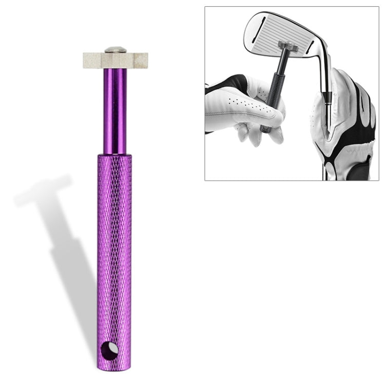 Purple golf wedge head sharpening tool with cross metal head and textured grip